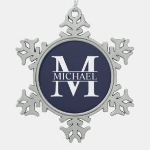 Navy Blue Personalisiert Monogram und Name Schneeflocken Zinn-Ornament