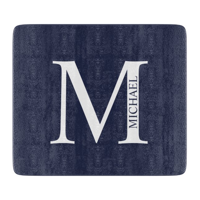 Navy Blue Personalisiert Monogram und Name Schneidebrett (Vorderseite)
