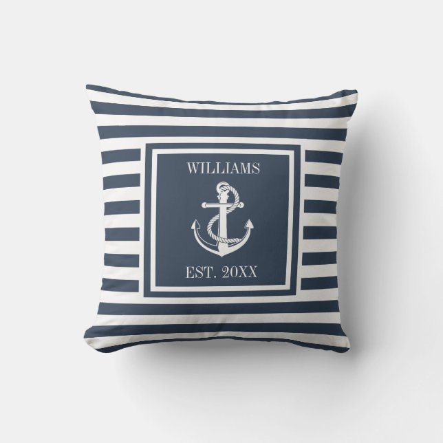 Navy Blue Personalisiert Name Stripe Nautical Anch Kissen (Vorderseite)