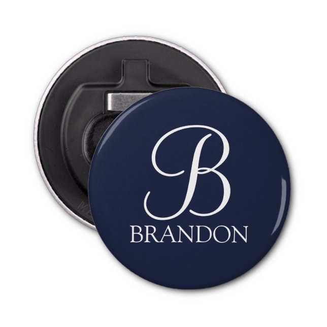 Navy Blue Personalisiert Script Monogram und Name Flaschenöffner (Vorderseite)