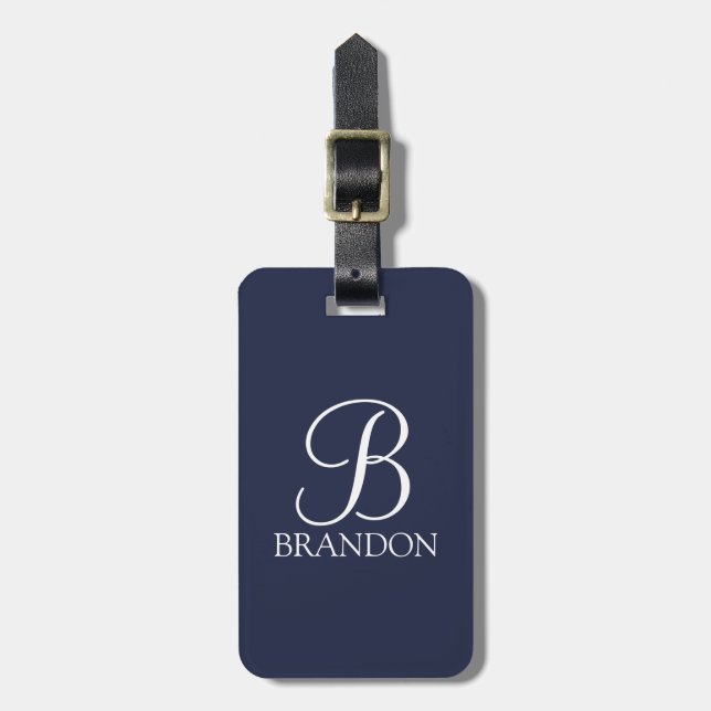 Navy Blue Personalisiert Script Monogram und Name Gepäckanhänger (Vorderseite vertikal)