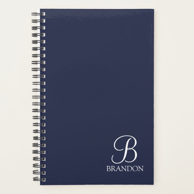 Navy Blue Personalisiert Script Monogram und Name Planer (Vorderseite)