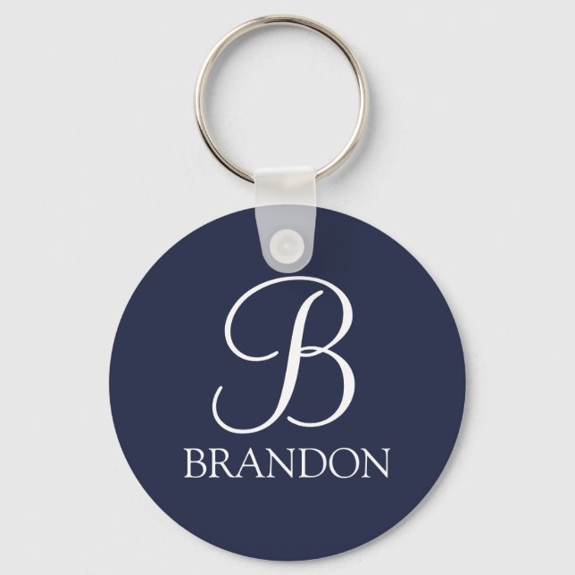 Navy Blue Personalisiert Script Monogram und Name Schlüsselanhänger (Vorderseite)