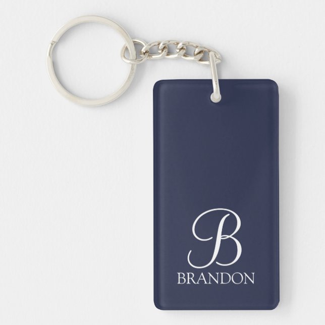 Navy Blue Personalisiert Script Monogram und Name Schlüsselanhänger (Vorderseite)