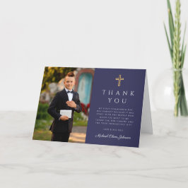 Navy Blue Photo Boy First Communion Folded Dankeskarte