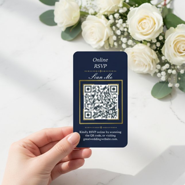 Navy Blue | Photo Online RSVP QR Code Wedding  Begleitkarte (Navy | Photo Online RSVP QR Code Wedding Enclosure Card)