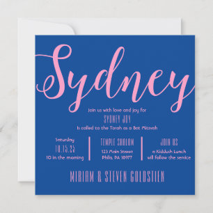 Navy Blue & Pink Bat Bar Mitzvah Party Einladung