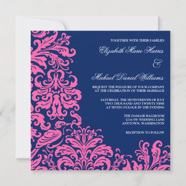Navy Blue Pink Blüh Damask Hochzeitseinladungen Einladung (Vorderseite)