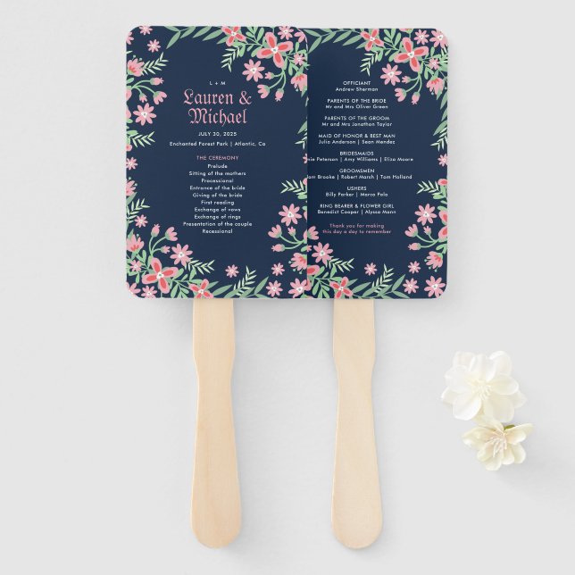 Navy Blue Pink Blume Swirl Spring Floral Wedding Fächer (Vorne und Hinten)