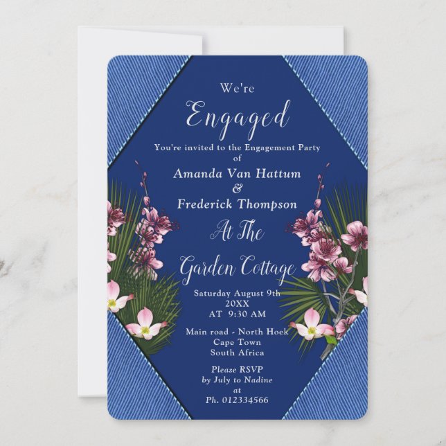 Navy - Blue & Pink Blume Verlobung Einladung (Vorderseite)