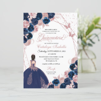 Navy Blue & Pink Butterfly Princess Quinceanera Einladung