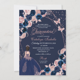 Navy Blue & Pink Butterfly Princess Quinceanera Einladung