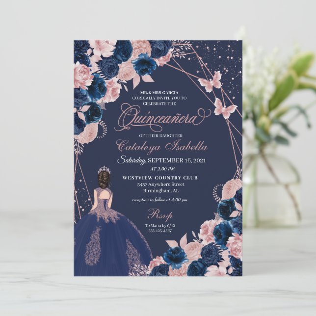 Navy Blue & Pink Butterfly Princess Quinceanera Einladung (Stehend Vorderseite)