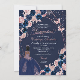 Navy Blue & Pink Butterfly Princess Quinceanera Einladung