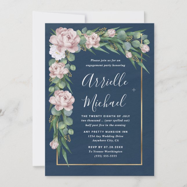 Navy Blue Pink Dusty Rose Gold Engagement Party Einladung (Vorderseite)