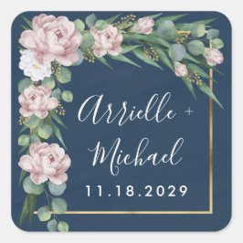 Navy Blue & Pink Dusty Rose Greenerity Gold Weddin Quadratischer Aufkleber