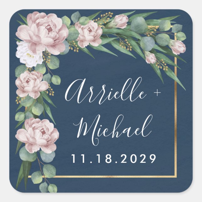 Navy Blue & Pink Dusty Rose Greenerity Gold Weddin Quadratischer Aufkleber (Vorderseite)