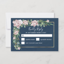 Navy Blue & Pink Dusty Rose Greenerity Gold Weddin RSVP Karte