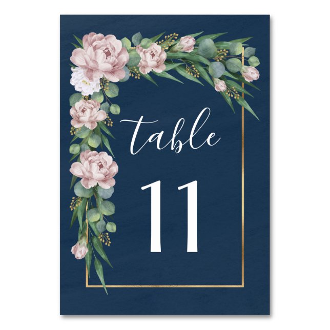 Navy Blue & Pink Dusty Rose Greenerity Gold Weddin Tischnummer (Vorderseite)