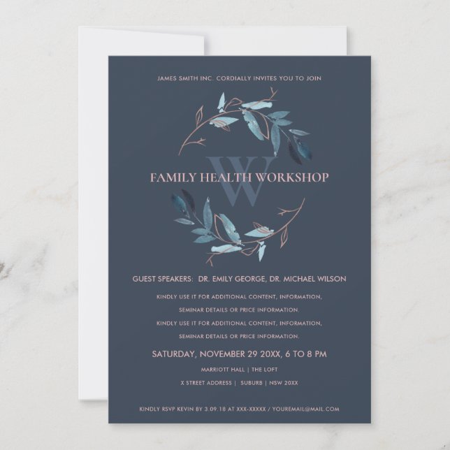 NAVY BLUE PINK FAUNA WREATH WORKSHOP-EREIGNIS DANKESKARTE (Vorderseite)