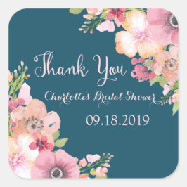 Navy Blue Pink Floral Brautparty Quadratischer Aufkleber