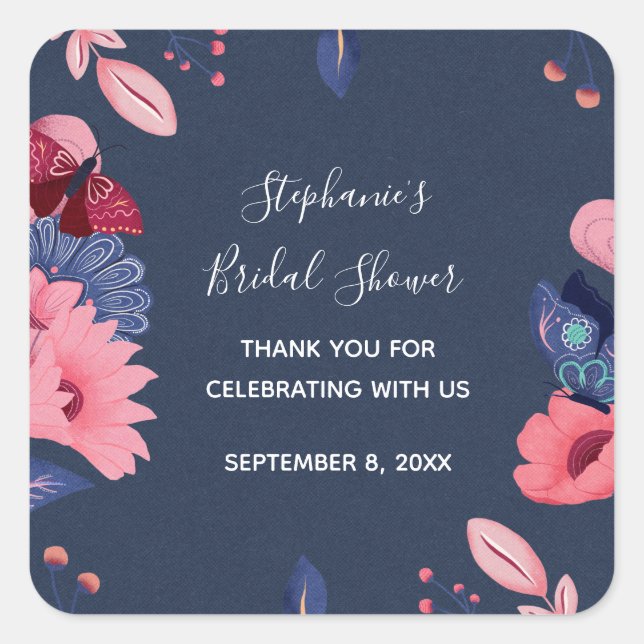 Navy Blue Pink Floral Butterfly Brautparty Quadratischer Aufkleber (Vorderseite)