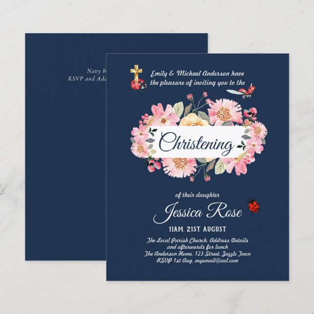 Navy Blue Pink Floral Christening lädt Taufen ein (Vorne/Hinten)