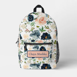 Navy Blue Pink Floral Girly Child's Name Backpack Bedruckter Rucksack