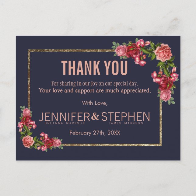 Navy Blue Pink Floral Gold Danke Postkarten (Vorderseite)