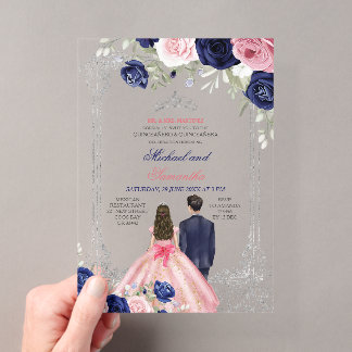 Navy Blue & Pink Floral Twins Silver Quinceañera Acryleinladungen