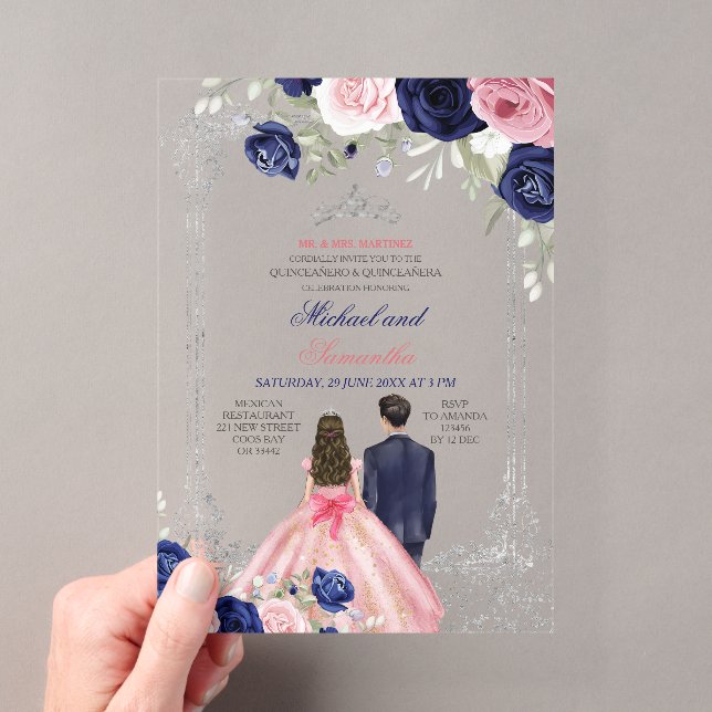 Navy Blue & Pink Floral Twins Silver Quinceañera Acryleinladungen (Insitu (Handheld))