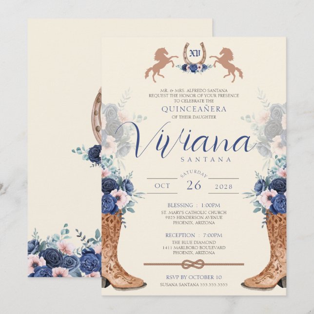 Navy Blue Pink Floral Western Charro Quinceanera Einladung (Vorne/Hinten)