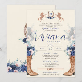 Navy Blue Pink Floral Western Charro Quinceanera Einladung