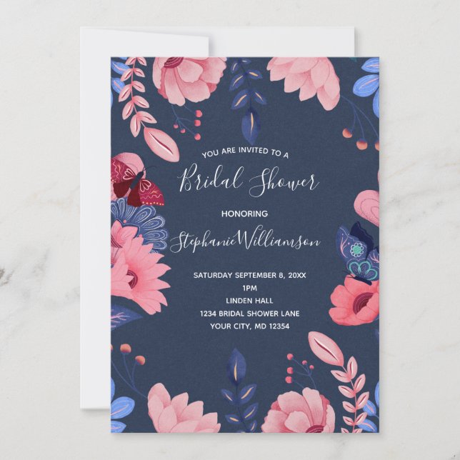 Navy Blue Pink Floral White Letters Brautparty Einladung (Vorderseite)