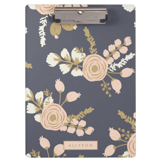 Navy Blue Pink Gold Floral Office Klemmbrett (Vorderseite)