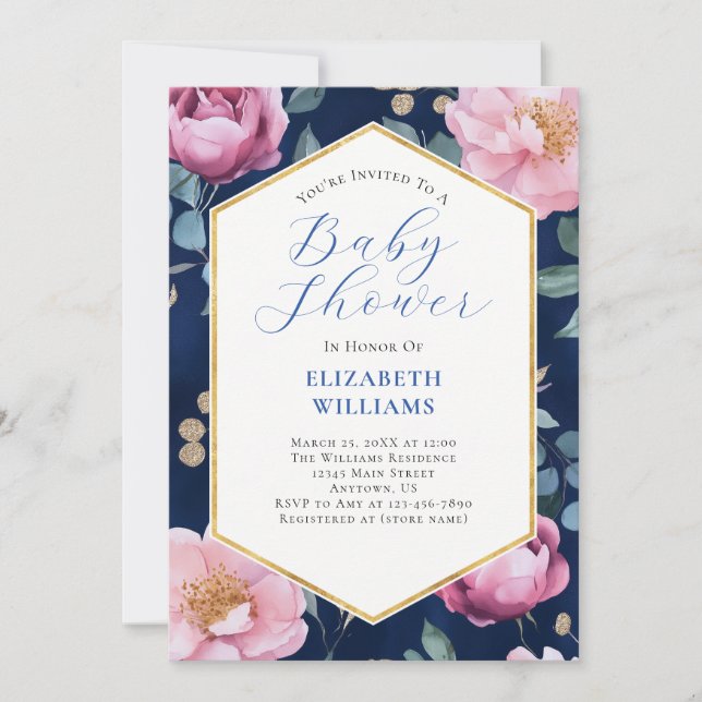 Navy Blue Pink Gold Peonies Baby Shower Einladung (Vorderseite)