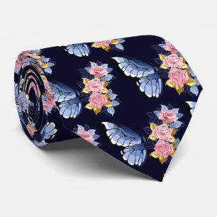 Navy Blue Pink Gold Rose Butterfly Muster Krawatte
