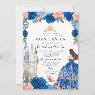 Navy Blue Pink Gold Tiara Princess Quinceañera Einladung