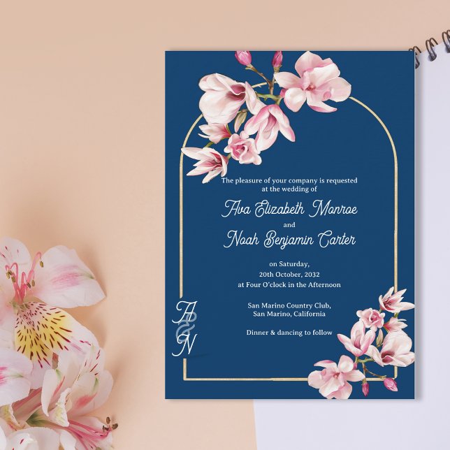 Navy Blue Pink Magnolia Elegant Floral Wedding Einladung (Navy Blue Pink Magnolia Elegant Floral Wedding Invitation)