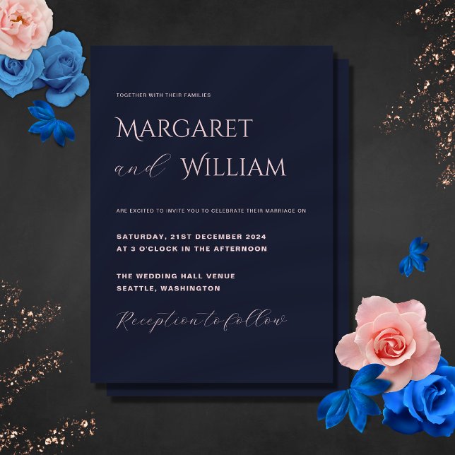 Navy Blue & Pink Moderne Minimalistische Hochzeit Einladung (Von Creator hochgeladen)