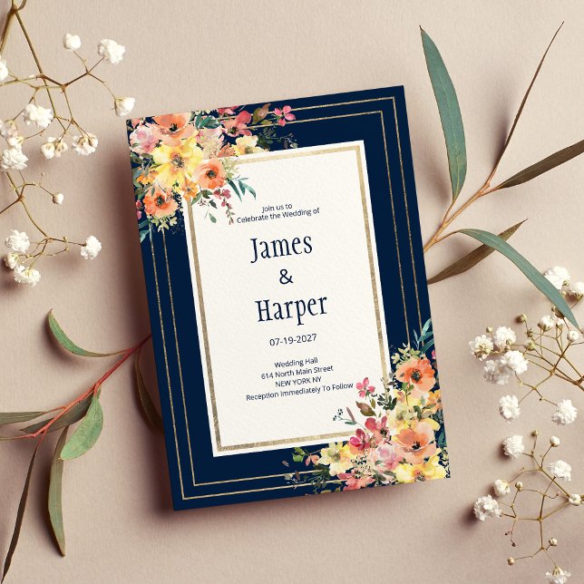 Navy blue pink orange gold floral spring Wedding  Einladung (Navy blue pink orange gold floral spring Wedding )