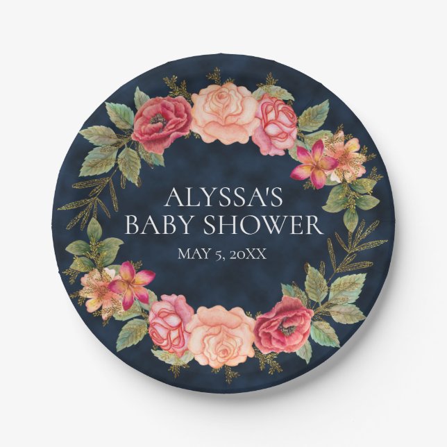 Navy Blue Pink Red Floral Custom Baby Dusche Pappteller (Vorderseite)