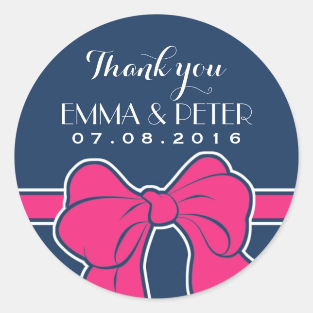 Navy Blue Pink Ribbon Hochzeit Danke Sticker (Vorderseite)