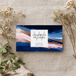 Navy Blue Pink Rose Gold Monogram Business Cards