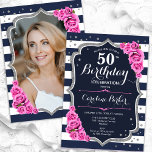 Navy Blue Pink Silver Foto 50. Geburtstag Einladung<br><div class="desc">Elegante florale feminine 50. Geburtstagseinladung mit Ihrem Foto auf der Kartenrückseite. Glam Marineblau weiß rosa Design mit Imitaten Glitzer Silber. Die Ausstattung umfasst blaue und weiße Streifen, Pink-Rosen für Babys, Script-Schriftart und Konfetti. Ideal für ein stilvolles Party für Erwachsene. Personalisieren Sie Ihre persönlichen Daten. Kann für jedes Alter angepasst werden!...</div>