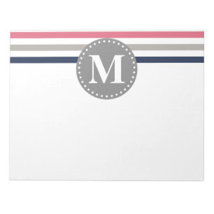Navy Blue Pink Striping Muster Monogram Notizblock