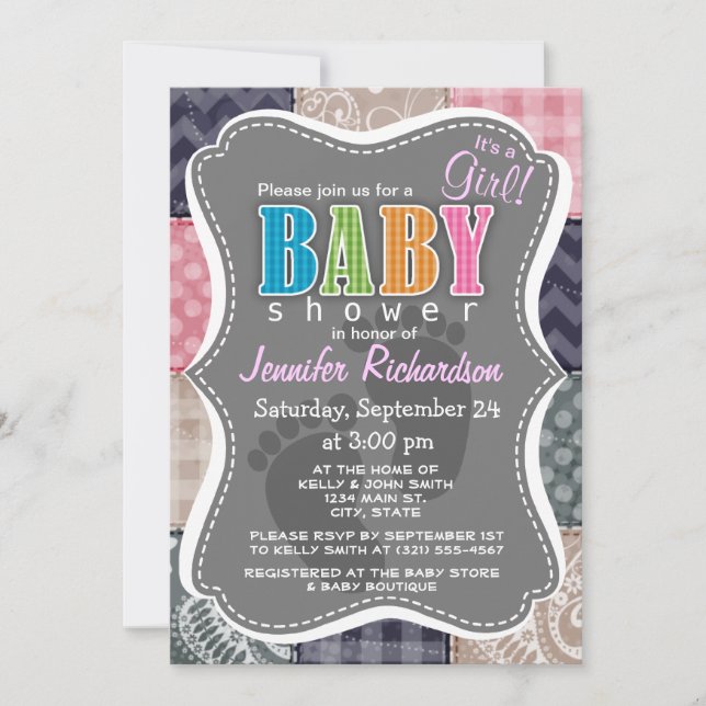 Navy Blue, Pink, Tan und Gray Niedlich Quilt Look Einladung (Vorderseite)