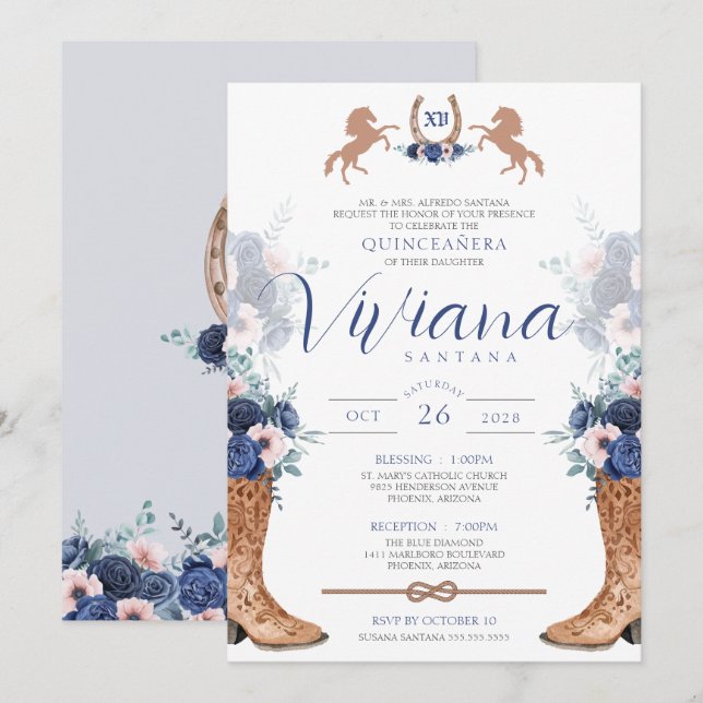 Navy Blue Pink Western Boots Charra Quinceanera in Einladung (Vorne/Hinten)