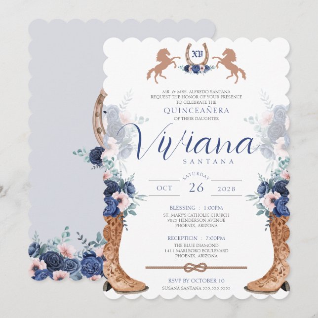 Navy Blue Pink Western Boots Charro Quinceanos Einladung (Vorne/Hinten)