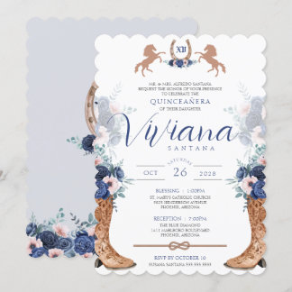 Navy Blue Pink Western Boots Charro Quinceanos Einladung